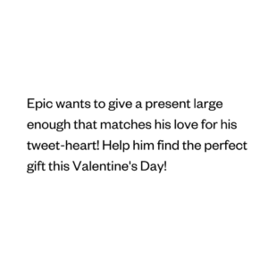 Epic wants to give a present large enough that matches his love for his tweet-heart! Help him find the perfect gift this Valentine's Day!